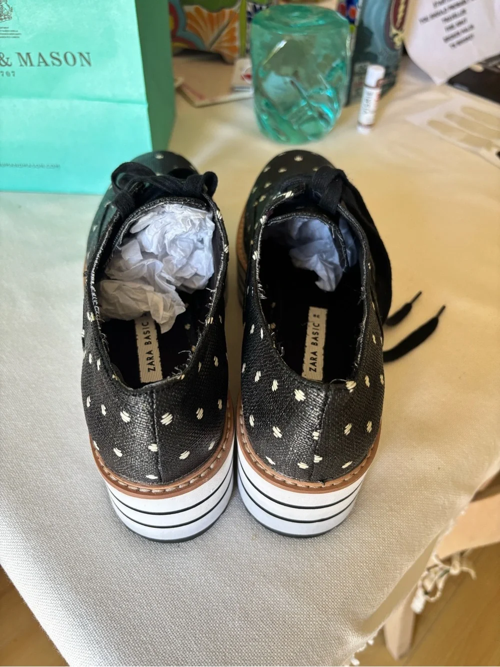 Zara Women’s Canvas Black & White Polkadot Striped Platform Lace up Shoes